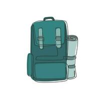 einzelne einzeilige zeichnung von wanderrucksäcken mit schlafsäcken. Lager, Wandertaschen und Rucksäcke. Campingrucksack für Wandern, Reisen und Tourismus. ununterbrochene Linie zeichnen grafische Vektorillustration des Designs vektor