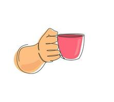 enda en rad ritning hand som håller varm kaffekopp med ånga, affärsman vill dricka kaffe. händer arbetare vill dricka kaffe innan jobbet. kontinuerlig linje rita design vektorillustration vektor
