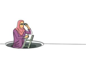 kontinuerlig en rad ritning arabisk affärskvinna klättrar upp ur hålet med stege och använder kikare. affärsvision och lösningskoncept. symbol för utmaning. enkel rad rita design vektorillustration vektor