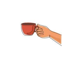 kontinuerlig en rad ritning hand som håller varm kaffekopp med ånga, affärsperson vill dricka kaffe, paus morgontid banner koncept, elegant ikon. enkel rad rita design vektorillustration vektor