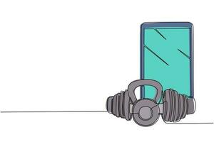 en rad ritning runt tung kettlebell för sport och hantelikon med smartphone. online eller virtuell träning. kroppsbyggande. modern kontinuerlig linje rita design grafisk vektorillustration vektor