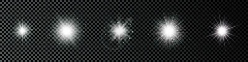 Licht bewirken von Linse Fackeln. einstellen von fünf Weiß glühend Beleuchtung Starburst Auswirkungen mit funkelt vektor