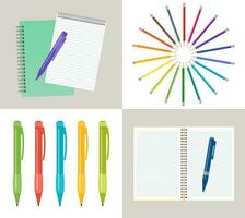 einstellen von vier Vektor Illustration mit Notizbücher, Stifte und Bleistifte.