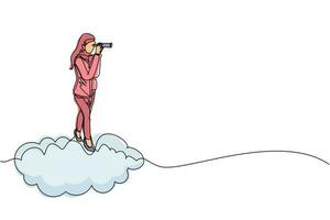 enda kontinuerlig linjeteckning arabisk affärskvinna rider högt moln håller teleskop eller kikare för att söka efter affärsvisionär. ledarskapsvision företagsstrategi. en rad grafisk design vektor