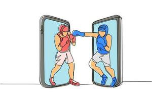 enda en linje ritning boxare kommer ut från mobiltelefon redo att slåss. fighters i sportkläder sparring, träning. tävlingssport, singelstrid. kontinuerlig linje rita design grafisk vektor