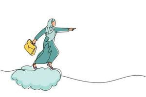 kontinuerlig en rad ritning arabisk affärskvinna håller portfölj rida moln, pekar framåt, gå till framtiden, affärsidé. kvinna på molnet väg till framgång. en rad rita design vektorgrafik vektor