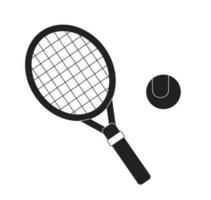 tennis racket med boll svartvit platt vektor objekt. spelar tennis turnering. redigerbar svart och vit tunn linje ikon. enkel tecknad serie klämma konst fläck illustration för webb grafisk design