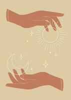 mystisk teckning av Sol och måne i händer affisch. design för tarot kort vektor