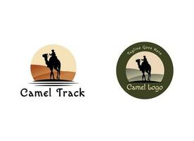 Kamel im das Wüste Logo. Menschen Reiten Kamele im das Dünen vektor
