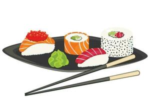 asiatisch Essen Satz. Sushi rollen Satz. Soja Soße. japanisch Essen Konzept vektor