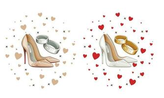 bröllop skor uppsättning, elegant brud- skor, bröllop inbjudan element vektor