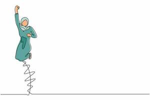enda en rad ritning glad arabisk affärskvinna hoppa med veck ett ben och höjer en hand. kvinnlig chef firar framgången med att öka företagets produktförsäljning. kontinuerlig linje rita design vektor