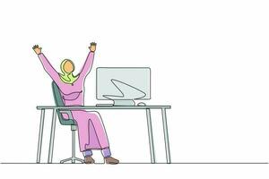 kontinuerlig en rad ritning glad arabisk affärskvinna sitter med upphöjda händer på sin arbetsplats. kontorsarbetare fira framgången för företagets projekt. enda rad rita design vektorgrafisk illustration vektor