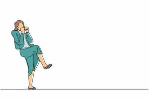 Single einer Linie Zeichnung glücklich Geschäftsfrau Stehen mit falten einer Bein und tun das Ja Geste mit beide Hände. Büro Arbeiter feiern Erfolg von Unternehmen Projekt. kontinuierlich Linie zeichnen Design Vektor