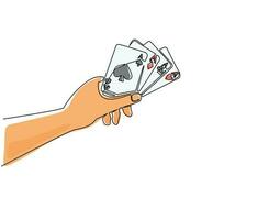 Single einer Linie Zeichnung Hand halten vier Asse, Poker spielen Karte Konzept. Hand hält spielen Karten Pik, Herzen, Diamanten und Vereine. Poker Spiel Symbol. kontinuierlich Linie zeichnen Design Grafik Vektor