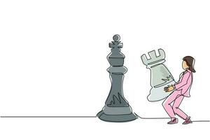 enda en rad ritning affärskvinna som håller torn schackpjäs för att slå kung schack. strategisk planering, affärsutvecklingsstrategi, taktik inom entreprenörskap. kontinuerlig linje rita design vektor