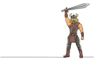 enda kontinuerlig linjeteckning nordisk man håller svärdet i luften. vektor av krigare bär viking krigsrustning. karaktär från hednisk och skandinavisk mytologi. en linje rita design illustration