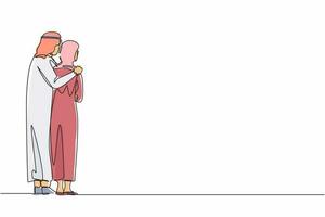 einzelne einzeilige zeichnung rückansicht glückliche arabische mannfrau, die sich umarmt und umarmt, liebevolles paar. männlich weiblich Umarmung Rückansicht. Liebe, Verbindung, romantische Gefühle. Design-Grafikvektor mit kontinuierlicher Linie vektor