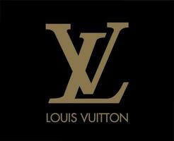Louis vuitton varumärke logotyp med namn brun symbol design kläder mode vektor illustration med svart bakgrund