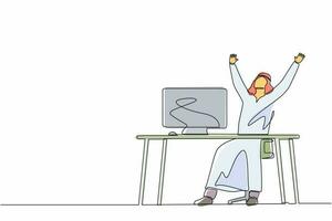 Eine einzige Linie, die einen glücklichen arabischen Geschäftsmann zeichnet, der mit erhobenen Händen an seinem Arbeitsplatz sitzt. büroangestellte feiern den erfolg des unternehmensprojekts. ununterbrochene Linie zeichnen grafische Vektorillustration des Designs vektor