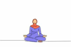 kontinuerlig en rad ritning arabisk affärskvinna gör yoga. kontorsarbetare som sitter i yogaställning, meditation, avkopplande, lugna ner och hantera stress. enda rad rita design vektorgrafisk illustration vektor