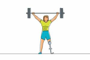 kontinuerlig en rad teckning stark funktionshindrade bodybuilder idrottskvinna lyft tung vikt skivstång över hennes huvud. tyngdlyftningsidrott för funktionshinder. enda rad rita design vektorgrafisk illustration vektor