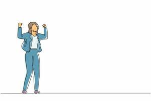 kontinuerlig en rad ritning glad affärskvinna stående med höjda sina knutna händer. kvinnlig chef firar framgången med att öka företagets produktförsäljning. en rad rita design vektorgrafik vektor
