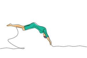 kontinuierliche einzeilige zeichnung junger behinderter menschen. Frau im Badeanzug springt ohne Bein ins Wasser. Behindertensport. aktives Leben mit körperlicher Verletzung. einzeiliges zeichnen design vektorillustration vektor