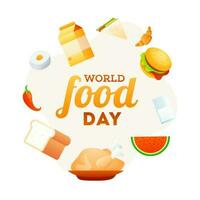 Welt Essen Tag Poster oder Vorlage Design dekoriert mit Essen Elemente mögen wie Burger, Sandwich, Wassermelone, Huhn, brot, Croissant und Paket auf Weiß Hintergrund. vektor