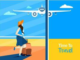 Zeit zu Reise Werbung Vorlage Design mit weiblich Tourist halten Gepäck Tasche gehen zu Ausflug oder Ferien Konzept. vektor