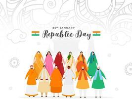 annorlunda religion människor som visar enhet i mångfald av Indien på klotter stil blommig design bakgrund för 26: e januari, republik dag. vektor