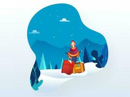 turist ung flicka njuter snöfall med bagage väska på natur landskap bakgrund för vinter- semester. vektor