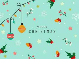 eben Stil fröhlich Weihnachten Gruß Karte Design mit hängend Kugeln, Beleuchtung Girlande, Stechpalme Beeren, Santa Deckel, Schneeflocken und Sterne dekoriert auf Grün Hintergrund. vektor