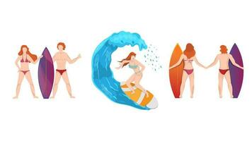 ansiktslös karaktär av surfare man och kvinna tillsammans på vit bakgrund för njut av sommar Semester begrepp. vektor