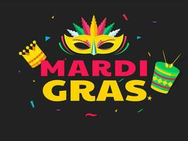 Rosa und Gelb Text von Karneval gras mit Party Maske, Krone und Trommel Illustration auf schwarz Hintergrund. können Sein benutzt wie Banner oder Poster Design. vektor
