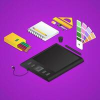 3d Illustration von Grafik Entwerfen Werkzeuge mögen wie Grafik Tablette mit Farbe Bleistift Kasten, Notizbuch, Pantone auf lila Hintergrund. vektor