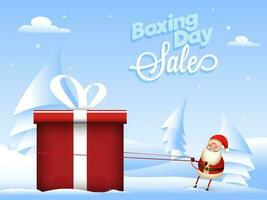 Boxen Tag Verkauf Poster Design mit Papier Schnitt Weihnachten Baum und Illustration von Santa ziehen Seil von Geschenk Box auf schneebedeckt Hintergrund. vektor