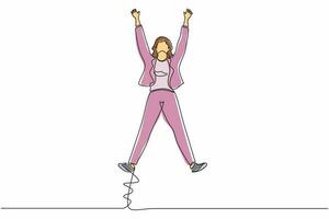 kontinuerlig en rad ritning glad affärskvinna hoppa med sprida sina armar och ben. ung kontorsarbetare fira framgången för företagets projekt. enda rad rita design vektorgrafisk illustration vektor