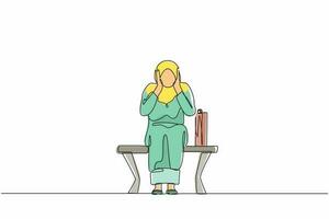einzelne linie, die traurige arabische geschäftsfrau, depression zeichnet. einsame Frau, die auf einer Parkbank sitzt. junge weibliche Figur, die ihren Kopf hält. Fehlerkonzept. Design-Vektorgrafik mit durchgehender Linie vektor