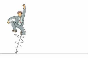 Single One Line Zeichnung glücklicher Geschäftsmann springt mit Falten ein Bein und hebt eine Hand. männlicher manager, der den erfolg der steigerung der produktverkäufe des unternehmens feiert. Grafikdesign-Vektor mit durchgehender Linie vektor