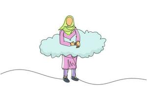 enda en rad ritning arabisk affärskvinna hänga i molnen. hoppas på framgång, ekonomisk frihet, vinnande affärsprojekt, prestationskoncept. kontinuerlig linje design grafisk vektorillustration vektor