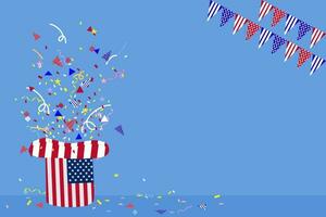 Unabhängigkeit Tag Hintergrund Banner USA Flagge Girlande, Ammer, Luftballons, Konfetti, Stern, Band, fallen von das Himmel. Netz Werbung Feier Parade Festival Party Dekoration Vektor Illustration.