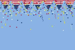 oberoende dag bakgrund baner USA flagga krans, flaggväv, ballonger, konfetti, stjärna, band, faller från de himmel. webb reklam firande parad festival fest dekoration vektor illustration.