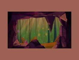 ingång till grotta i berg med landskap landskap se av grön gräs, flod, stenar och blå himmel. grotta, dold underjordisk tunnel eller grotta, sommar natur bakgrund. tecknad serie vektor illustration