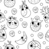 Vektor schwarz und Weiß kawaii Obst nahtlos Muster. Linie Pirat Früchte wiederholen Hintergrund. Comic Digital Papier oder Färbung Buchseite. gesund Sommer- Essen Textur