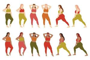 kropp positiv begrepp. fett kvinnor håller på med kondition. fett flicka håller på med kondition. plus storlek kvinnor öva sporter. pilates begrepp vektor
