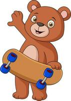 söt liten Björn tecknad serie spelar skateboard vektor