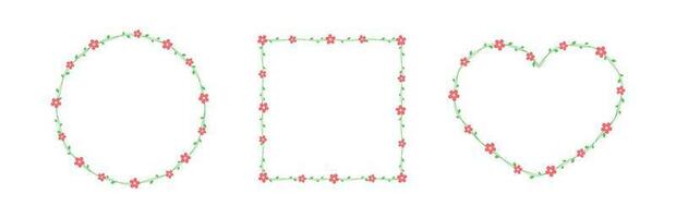 rot Blumen mit Grün Blätter Frames und Grenzen Satz, Blumen- botanisch Design Element Vektor Illustration