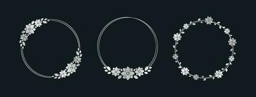 runda silver- blommig ram uppsättning. lyx gyllene ram gräns för inbjudan, bröllop, certifikat. vektor konst med blommor och löv.