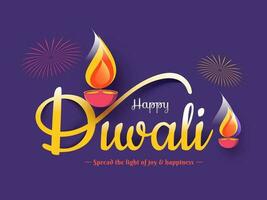 kalligrafi av Lycklig diwali med upplyst olja lampor och given meddelande för du som spridning de ljus av glädje lycka på lila bakgrund. vektor